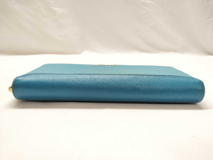 PRADA Saffiano Round Zip Blue Wallet