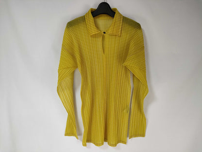 ISSEY MIYAKE Pleated Pullover Gingham Check Yellow Top