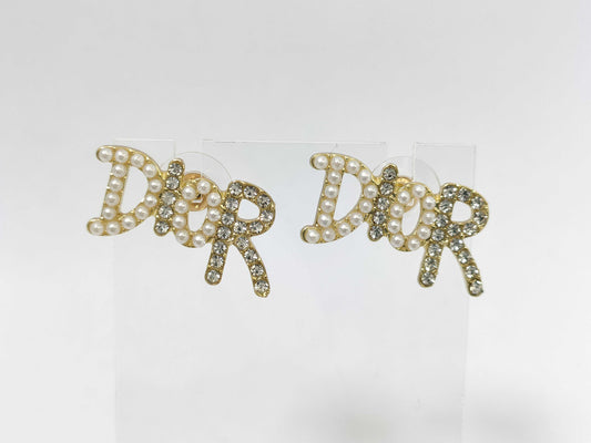 Dior CD logo rhinestone pearl gold earrings