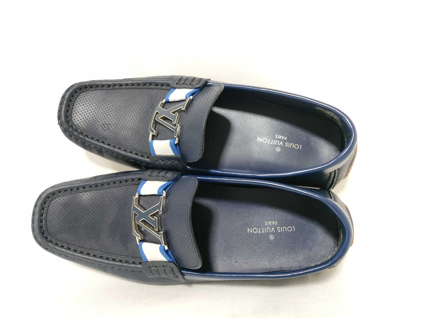 LOUIS VUITTON LV logo loafers, heavy heel wear, business shoes