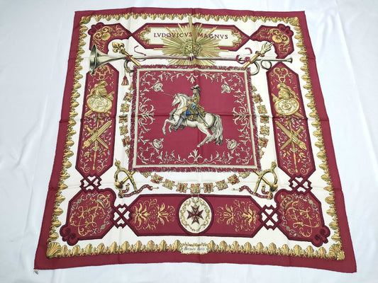 HERMES Carré LVDOVICVS MAGNVS Louis XIV on a White Horse Red Scarf