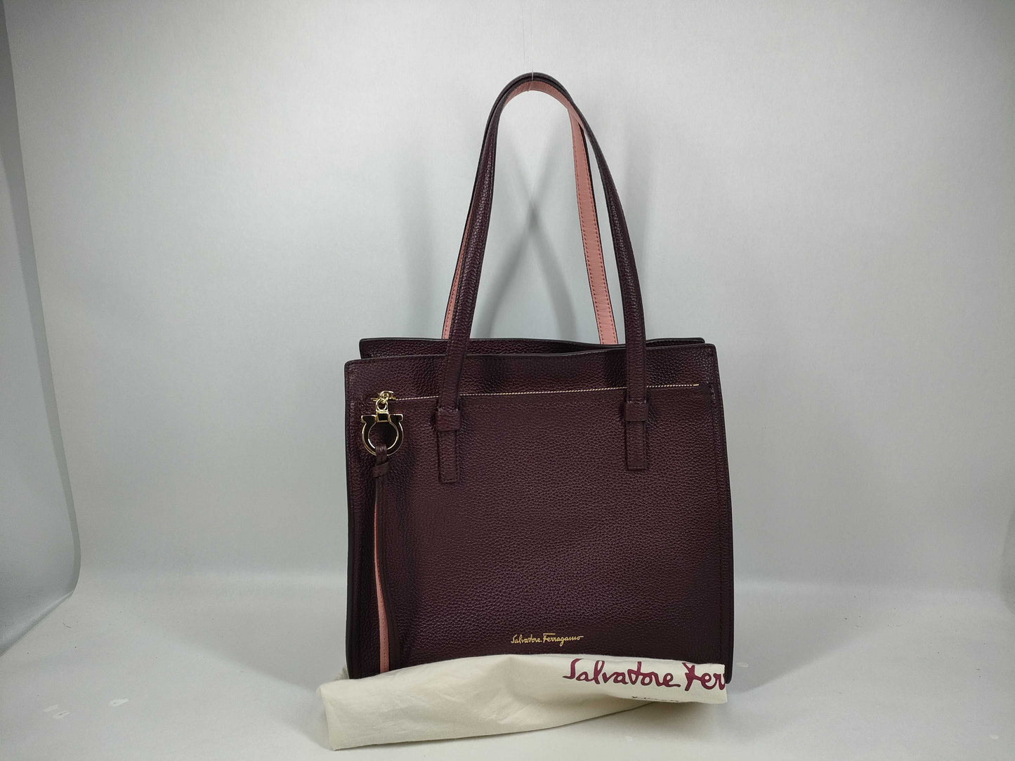 Salvatore Ferragamo Gancini Leather Tote Bag with Gancini Charm, Wine and Pink Two-Tone Tote Bag