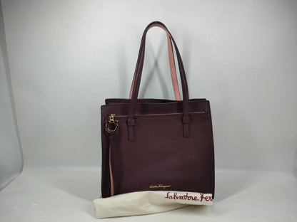 Salvatore Ferragamo Gancini Leather Tote Bag with Gancini Charm, Wine and Pink Two-Tone Tote Bag