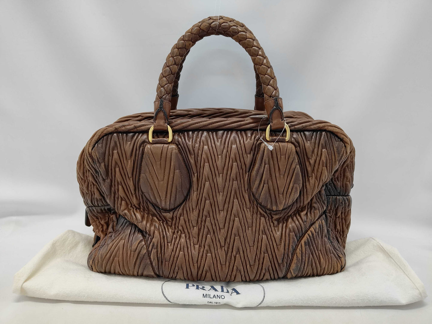 PRADA Quilted Woven Mini Boston Handbag