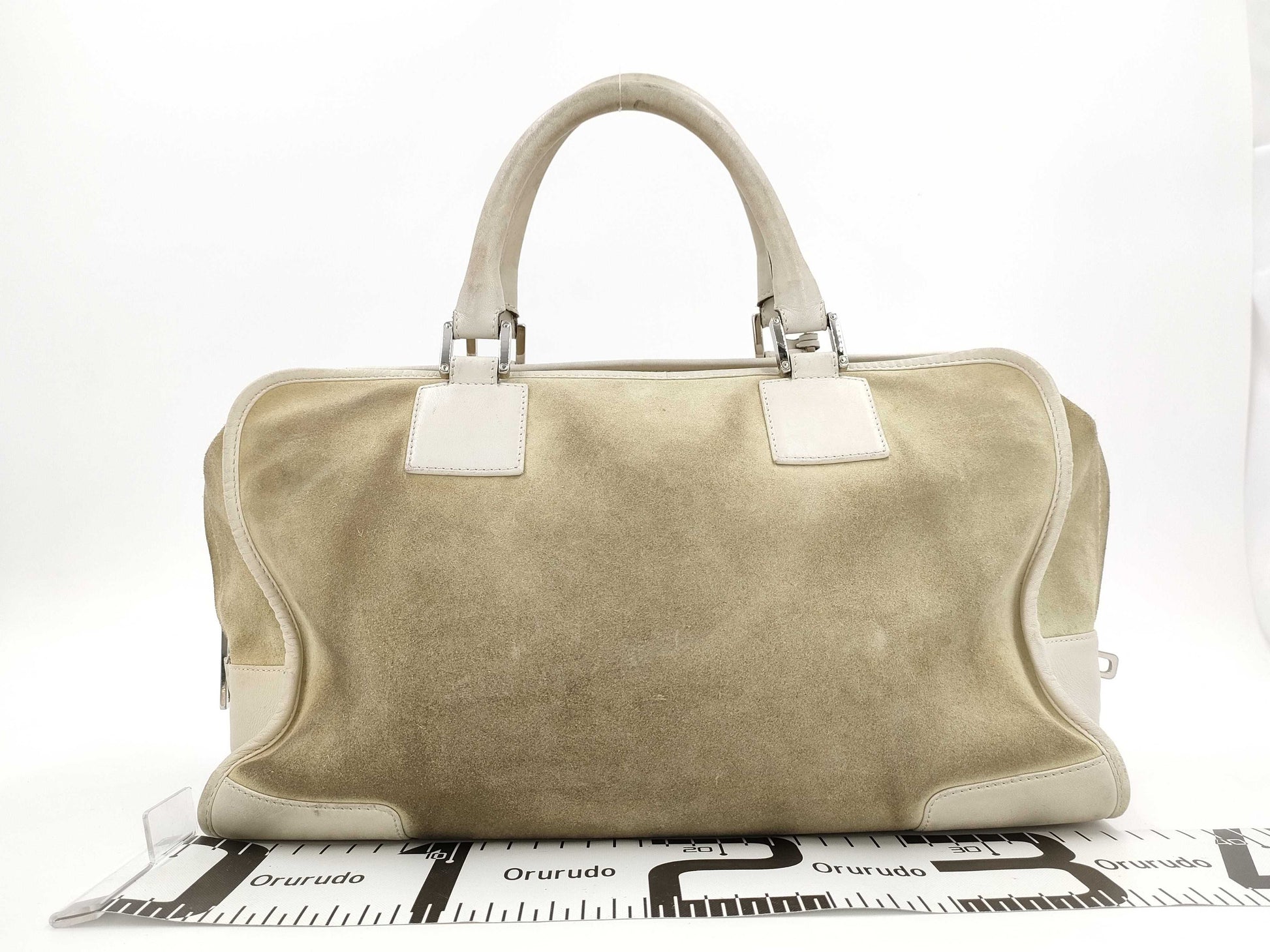 LOEWE Amazona 36 Anagram Suede Handbag with Padlock, Two Keys, and Crochet Detail